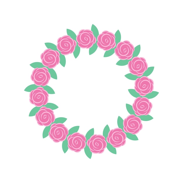 Flower frame with roses isolated on white background Beautiful wreath with green leafs pink flowers