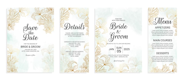 Flower gold wedding invitation card template set with watercolor leaves decoration