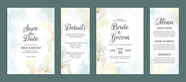 Flower gold wedding invitation card template set with watercolor leaves decoration