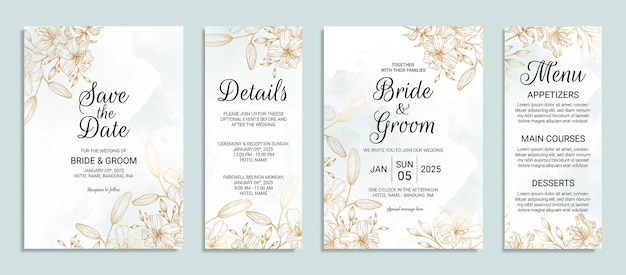 Flower gold wedding invitation card template set with watercolor leaves decoration