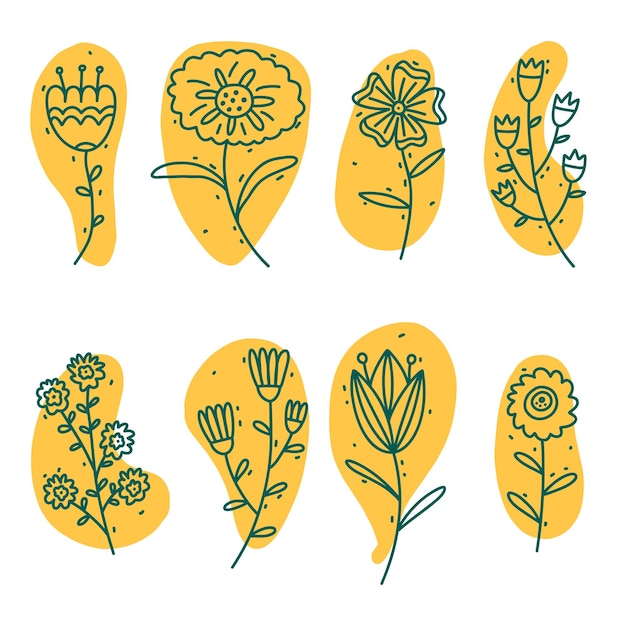 Flower graphic design Vector set of floral elements with hand drawn flowers on yellow stains