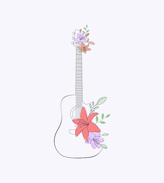 Flower Guitar Flat Hand Drawn Line Art Illustration Musical Instrument Vector