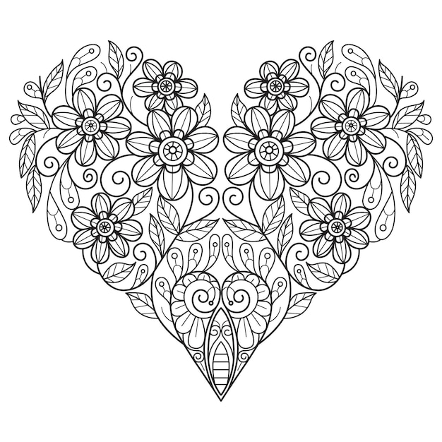 Flower heart hand drawn for adult coloring book