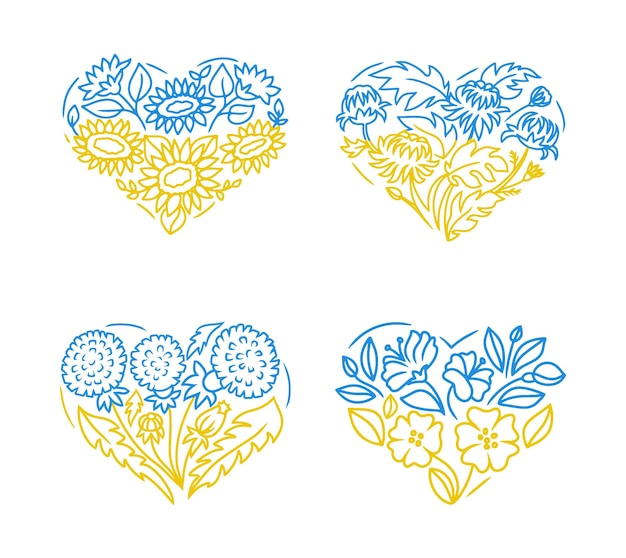 The flower illustration in the form of a heart in the color of the Ukrainian flag The set of sunflowers cornflower chrysanthemum dandelions