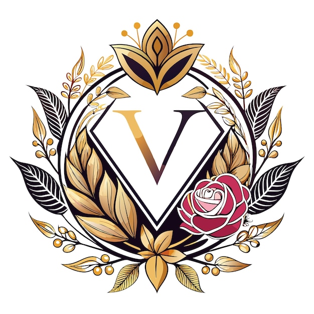 A flower and leaf design with the letter v in the middle