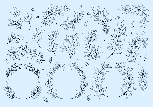 Flower leaf leaves vector outline set collection rustic hand drawing style