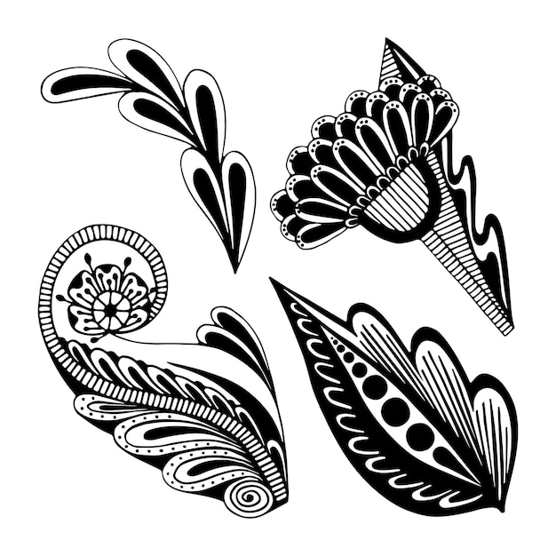 Flower leaves doodle line art flowering plant daisy Floral foliage graphics Hand drawn black white