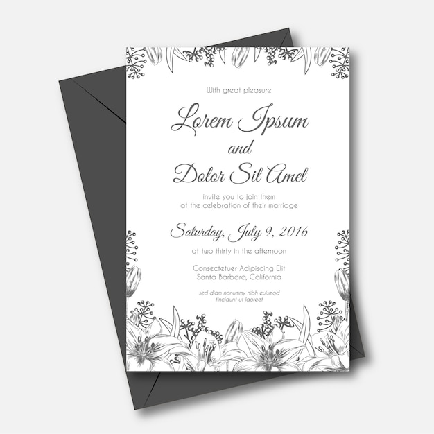 flower  lily hand drawn wedding invitation card 