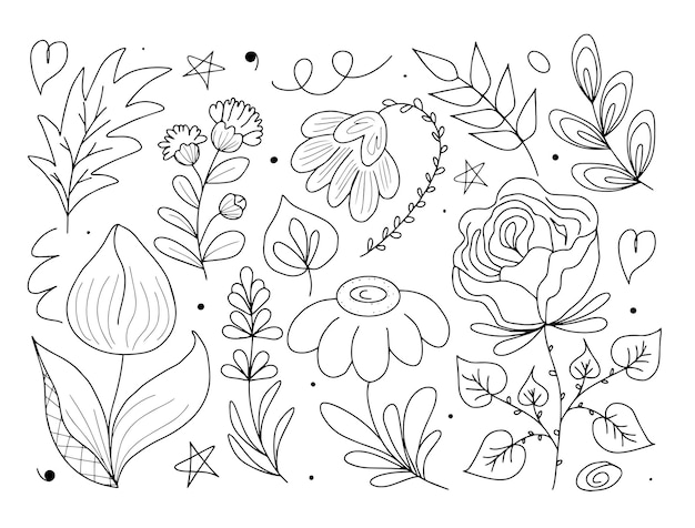 Flower line art tatto Doodle summer floral illustation Wildflowers sketch in vintage syle