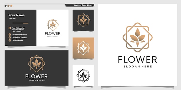 Flower logo with beauty line art style and business card design Premium Vector