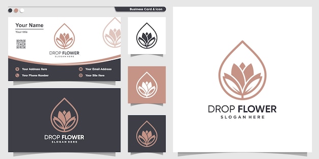 Flower logo with drop line art style and business card design template