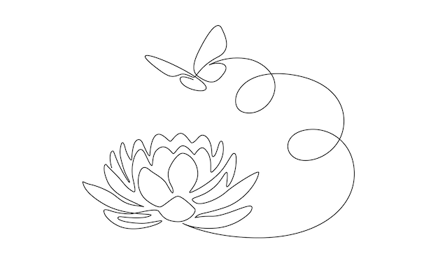 Flower lotus with flying butterfly in one continuous line drawing Logo yoga studio and wellness spa salon concept in simple linear style Water lily in editable stroke Doodle vector illustration