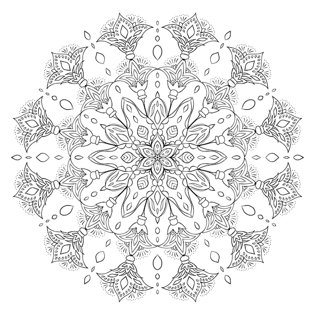 Flower mandala coloring page Intricate symmetrical floral shape for mindful coloring Black outline on white background