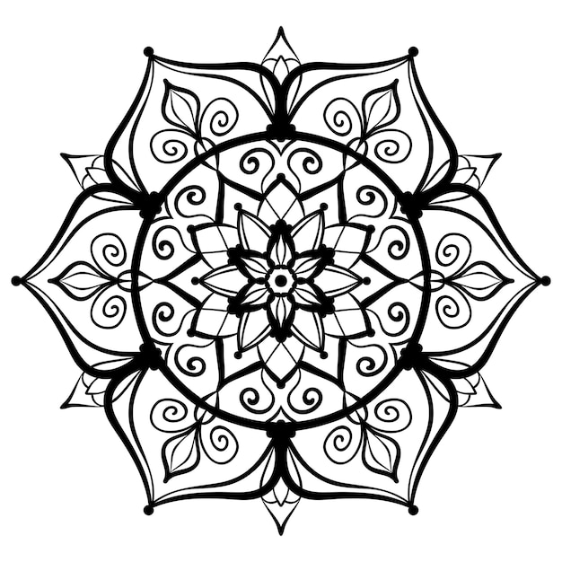 Flower mandala coloring page Simple symmetrical floral shape for mindful coloring Black outline on white background