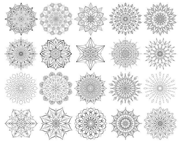 Flower mandalas set Intricate and simple mandalas coloring pages Symmetrical floral shapes for mindful coloring Black outline on white background