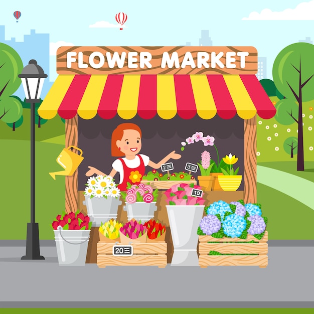 Flower Market, Florist Shop Vector Illustration