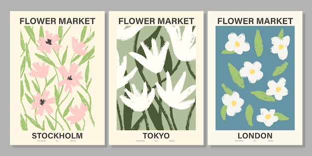 Flower market poster set. Abstract floral illustration. Botanical wall art collection vintage poster