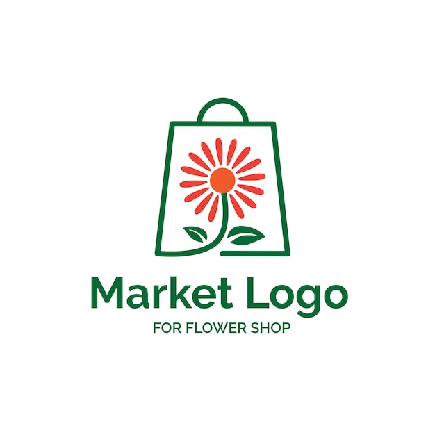 Flower market shop logo design with shopping bag and flower illustration