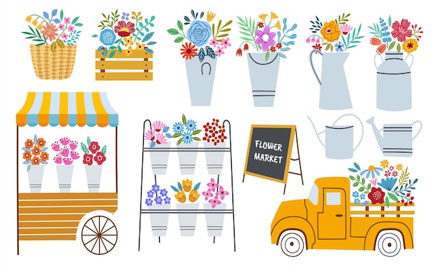 Flower market shop vector illustration set