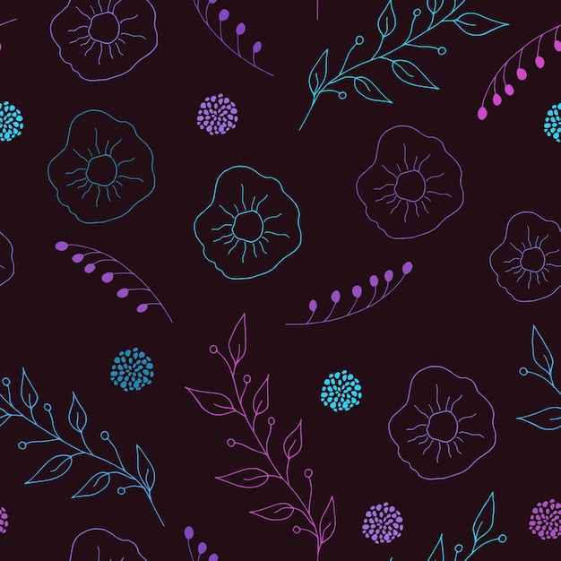 Flower neon seamless pattern on dark background