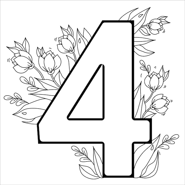 Flower number Four Decorative pattern 4 with flowers tulips buds and leaves Vector Line outline