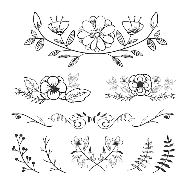 Flower ornament arrangement collection set in hand drawn style with laurels and leaves.