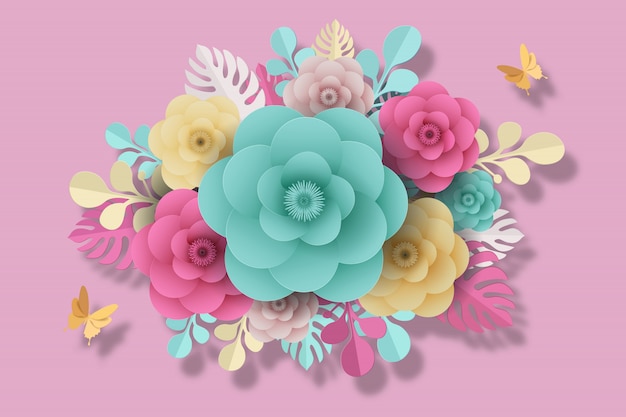 Flower paper style, colorful rose, paper craft floral, Butterfly paper