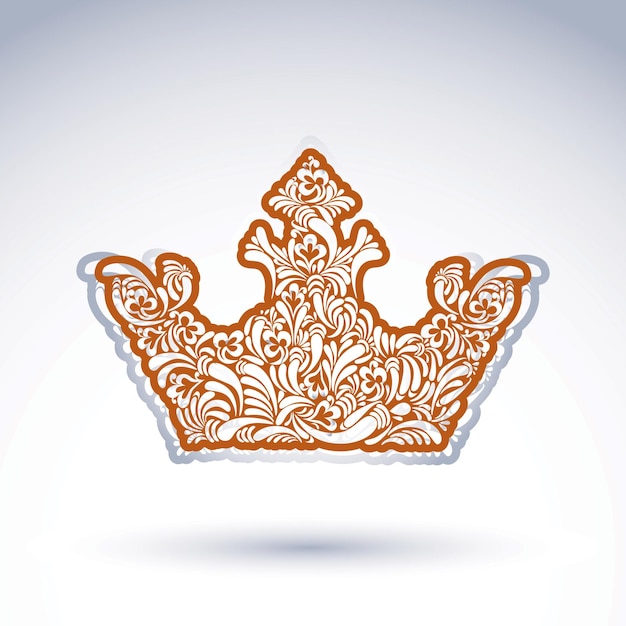 Flower-patterned imperial crown isolated on white background. Floral decorated majestic coronet, imperial theme vector design element.