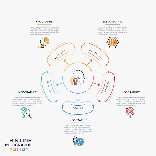 Flower petal diagram with arrows pointing at 5 rounded elements, flat icons and text boxes. Concept of five steps of strategic business plan. Creative infographic design template. Vector illustration.