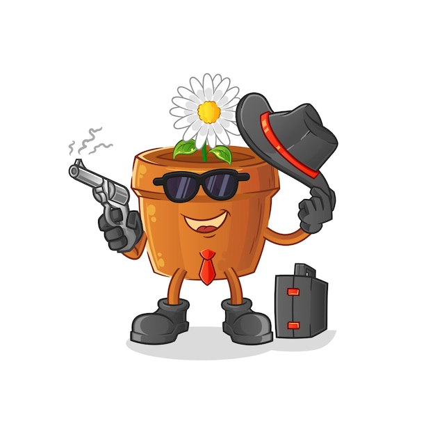 Flower pot mafia with gun character. cartoon mascot vector