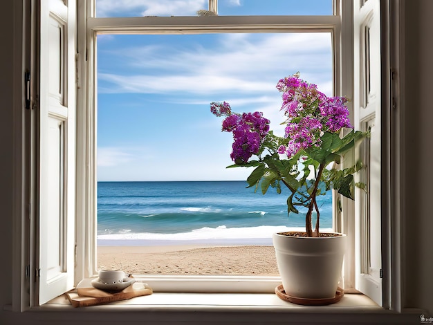 Vector a flower pot sits on a window sill with a view of the ocean