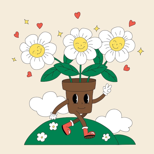 A Flower Pot with Eyes with Smiling Daisies walks around the Field and Makes a Sign of Peace with his hand