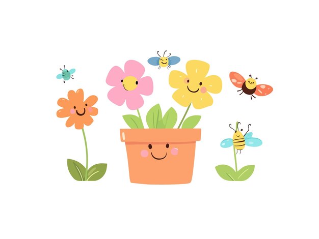 Vector a flower pot with flowers and butterflies on it