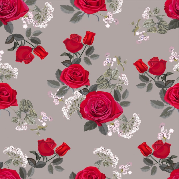 Flower seamless pattern with red rose  vector illustration