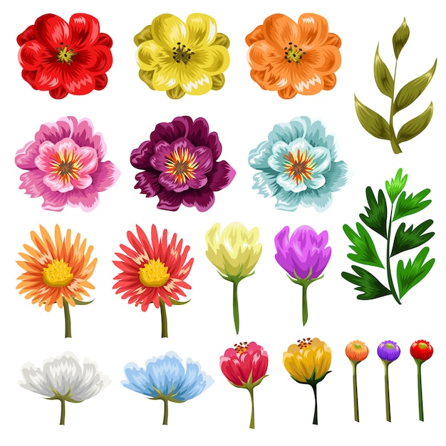 Flower set retro icon object set collection