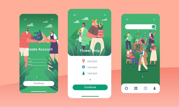 Flower Shop Mobile App Page Onboard Screen Template Bouquet Seekers And Flower Enthusiasts Bustling Floristry Store