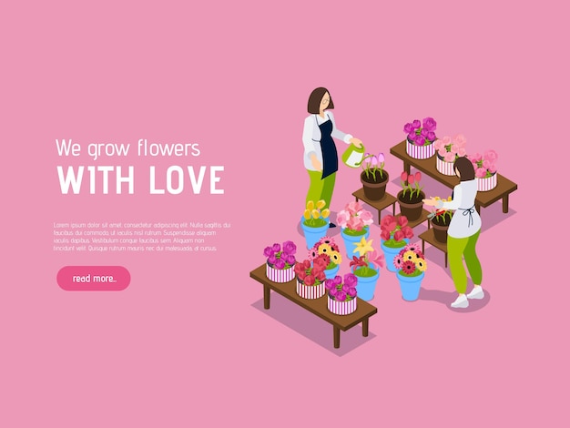 Flower shop rose landing page with isometric design