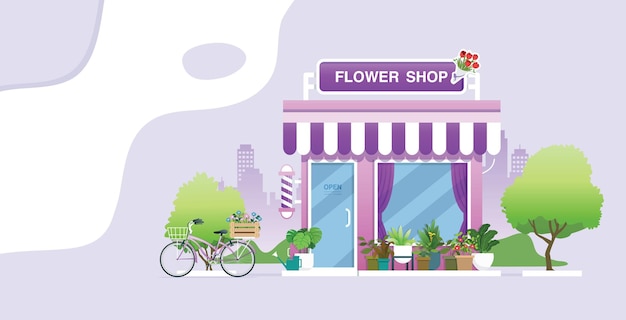 Flower shop with ornamental plants and bicycles with the city as a backdrop