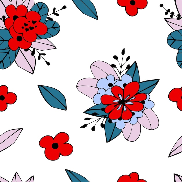 Flower simple minimalistic seamless pattern graphic design for paper, textile print, page fill. Floral background with hand drawn wild flowers, herbs and leaves