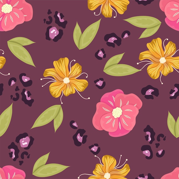 Flower spring seamless pattern with leopard Pink and yellow flower seamless pattern Vector illustration