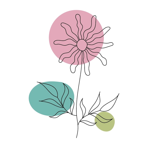 Vector flower in the style of line art with colored spots