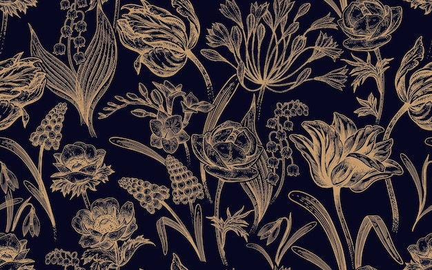 Flower vintage seamless pattern with Spring flowers Gold and black