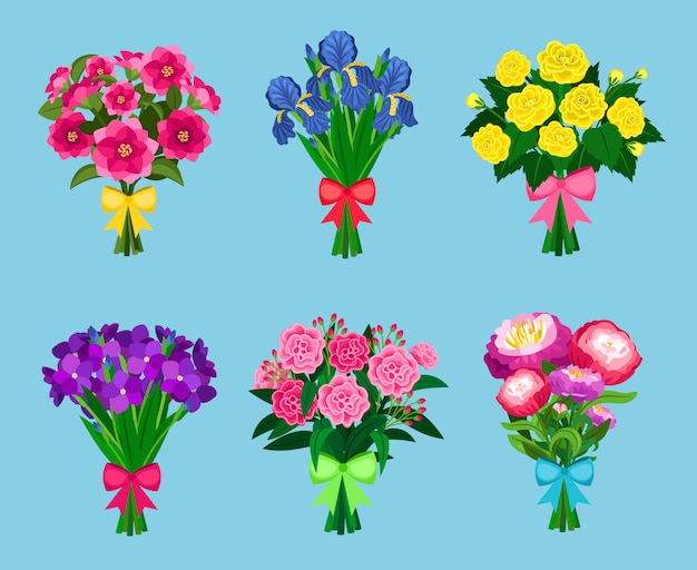 Flowering bouquets Set isolated on blue 