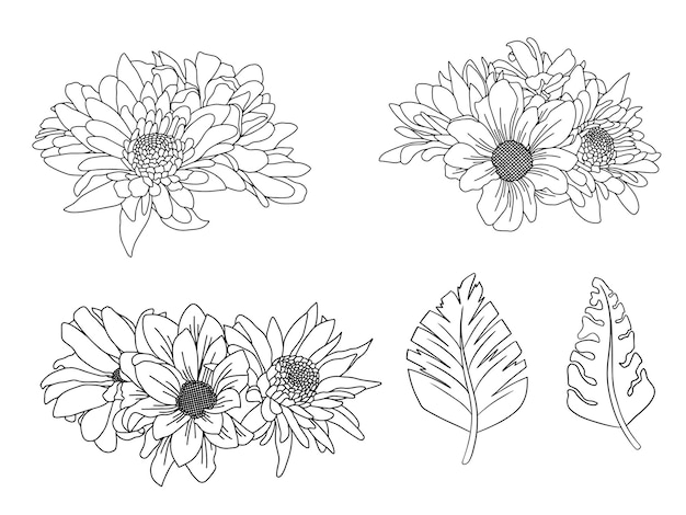 Flowers arrangement with hand drawn line art