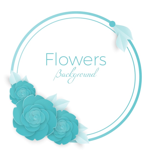 Flowers background with three dimensional blue rose on blue polka dot circle isolated on white background vector illustration, invitational banner with place for text