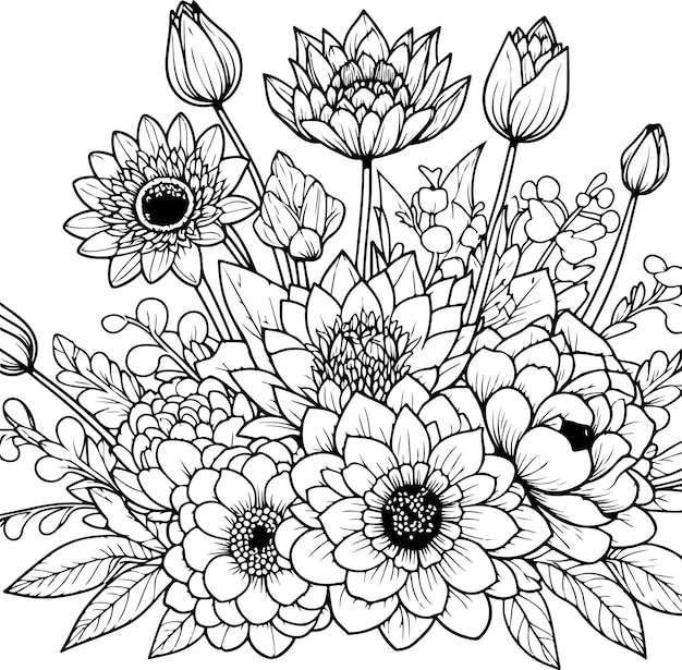 Vector flowers black outline illustration coloring book page