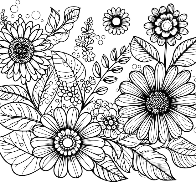 Vector flowers black outline illustration coloring book page