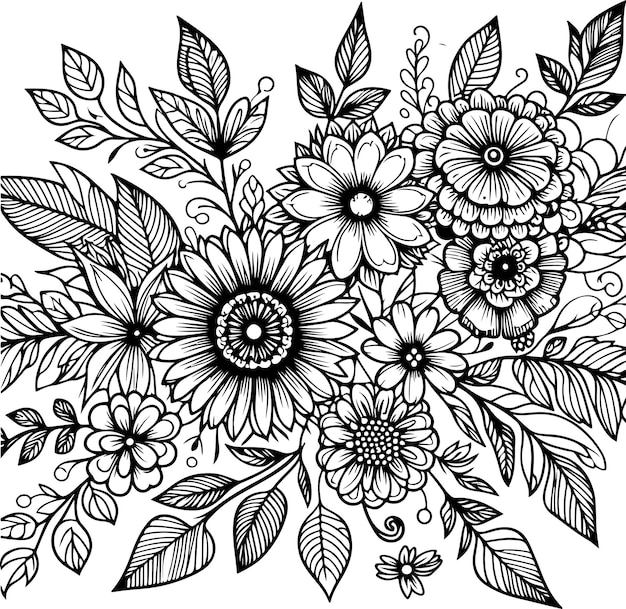 Vector flowers black outline illustration coloring book page