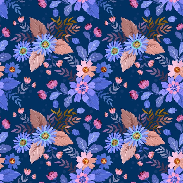 Flowers on blue color background seamless pattern Can be used for fabric textile wallpaper