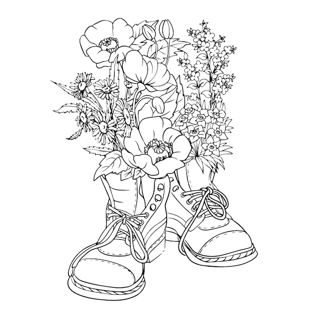 Flowers in boots black and white graphics